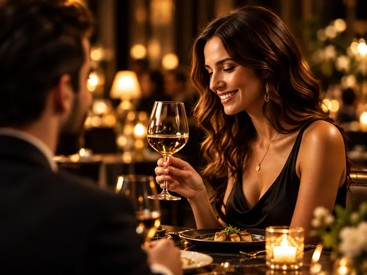 A smiling guest raising a glass of wine in a candlelit restaurant