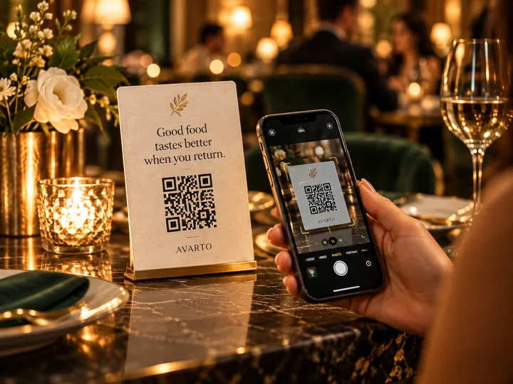 A guest scans the Avarto QR card on a restaurant table with a phone